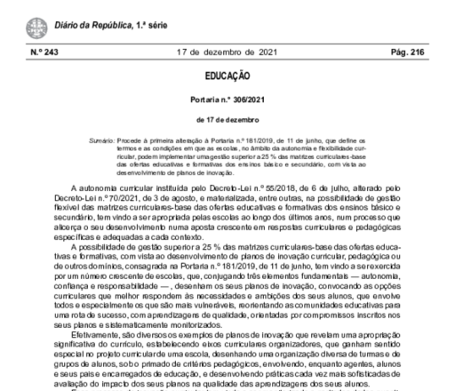 Portaria N.º 306/2021 - Alteração do Currículo